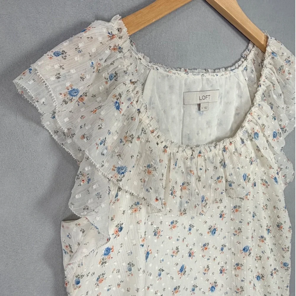 LOFT Floral Ruffle Blouse Womens Small White NWOT Clip Dot Sleeveless Top - Picture 2 of 9